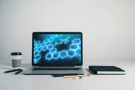 Laptop closeup with abstract tech drawing on computer screen. Technology innovation concept. 3d rendering.の写真素材