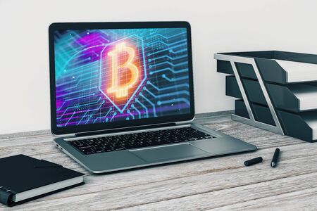 Laptop closeup with bitcoin theme drawing on computer screen. Blockchain concept. 3d rendering.の写真素材