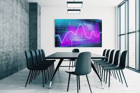 Conference room interior with financial chart on screen monitor on the wall. Stock market analysis concept. 3d rendering.の写真素材