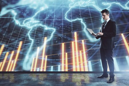 Businessman and forex graph and world map hologram. Double exposure. Concept of financial education and analysisの写真素材