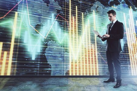 Businessman and forex graph and world map hologram. Double exposure. Concept of financial education and analysisの写真素材