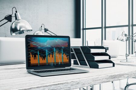 Cabinet desktop interior with financial charts and graphs on computer screen. Concept of stock market analysis and trading. 3d rendering.の写真素材