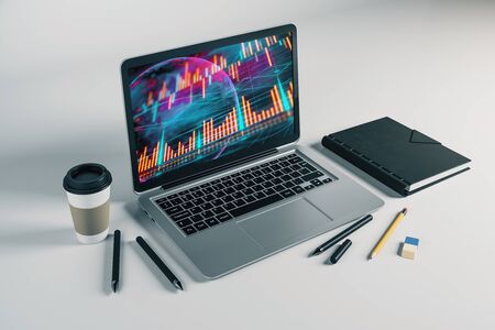 Laptop closeup with forex graph and world map on computer screen. Financial trading and education concept. 3d rendering.の写真素材