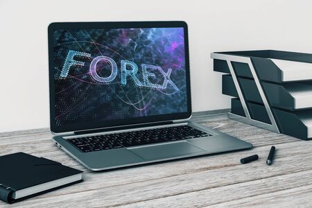 Laptop closeup with forex graph on computer screen. Financial trading and education concept. 3d rendering.の写真素材