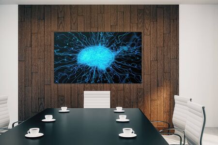 Conference room interior with human brain drawing on screen on the wall. Brainstorm concept. 3d rendering.の写真素材