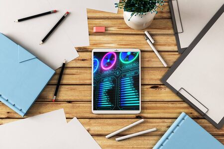 Digital tablet closeup with business theme picture on screen. Technology innovation concept. 3d rendering.の写真素材