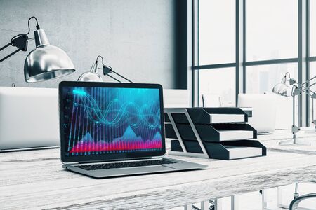 Cabinet desktop interior with financial charts and graphs on computer screen. Concept of stock market analysis and trading. 3d rendering.の写真素材