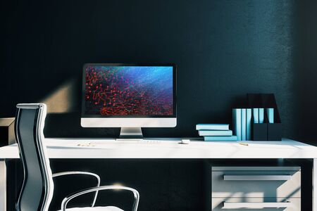 Cabinet desktop interior with technology theme drawing on computer screen. Concept of hightech. 3d rendering.の写真素材