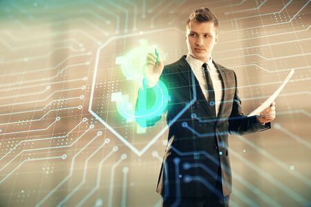 Businessman standing with business theme hologram. Multi exposure. Concept of analysisの写真素材