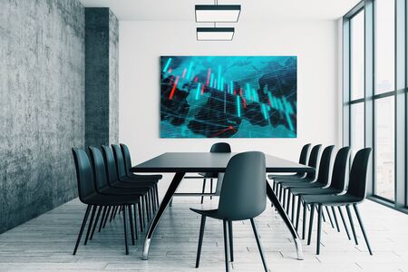 Conference room interior with financial chart and world map on screen monitor on the wall. Stock market analysis concept. 3d rendering.の写真素材