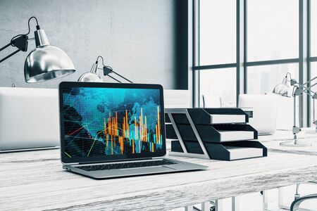 Cabinet desktop interior with financial charts and world map on computer screen. Concept of international market analysis and trading. 3d rendering.の写真素材