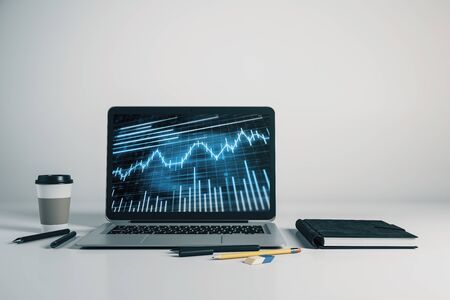 Laptop closeup with forex graph on computer screen. Financial trading and education concept. 3d rendering.の写真素材