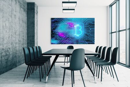 Conference room interior with bitcoin theme screen on the wall. Blockchain concept. 3d rendering.の写真素材