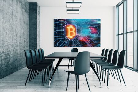 Conference room interior with bitcoin theme screen on the wall. Blockchain concept. 3d rendering.の写真素材