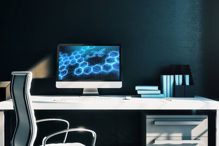 Cabinet desktop interior with technology theme drawing on computer screen. Concept of hightech. 3d rendering.の写真素材