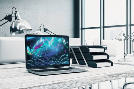 Cabinet desktop interior with financial charts and graphs on computer screen. Concept of stock market analysis and trading. 3d rendering.の写真素材