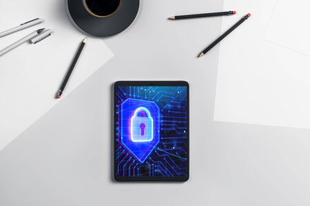 Digital tablet closeup with lock icon drawing on screen. Data safety concept. 3d rendering.の写真素材