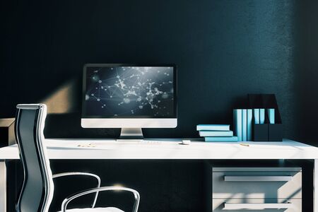 Cabinet desktop interior with technology theme drawing on computer screen. Concept of hightech. 3d rendering.の写真素材