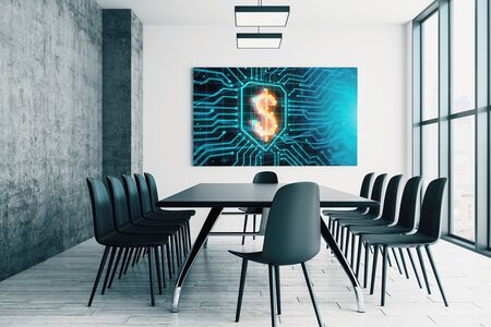 Conference room interior with business theme screen on the wall. brainstorm concept. 3d rendering.の写真素材