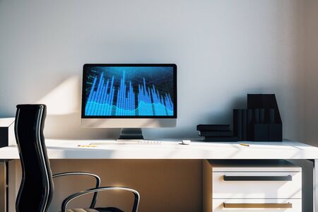 Cabinet desktop interior with financial charts and graphs on computer screen. Concept of stock market analysis and trading. 3d rendering.の写真素材