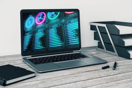 Laptop closeup with business theme drawing on computer screen. 3d rendering.の写真素材