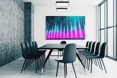 Conference room interior with financial chart on screen monitor on the wall. Stock market analysis concept. 3d rendering.の写真素材