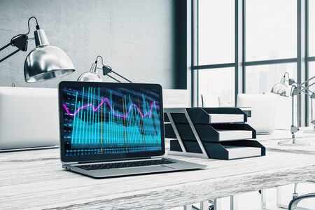 Cabinet desktop interior with financial charts and graphs on computer screen. Concept of stock market analysis and trading. 3d rendering.の写真素材