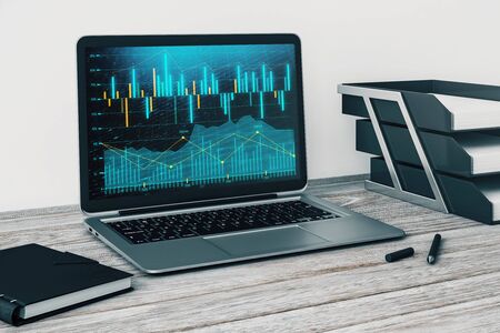 Laptop closeup with forex graph on computer screen. Financial trading and education concept. 3d rendering.の写真素材