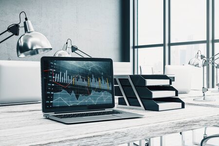 Cabinet desktop interior with financial charts and graphs on computer screen. Concept of stock market analysis and trading. 3d rendering.の写真素材