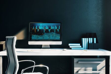 Cabinet desktop interior with financial charts and graphs on computer screen. Concept of stock market analysis and trading. 3d rendering.の写真素材
