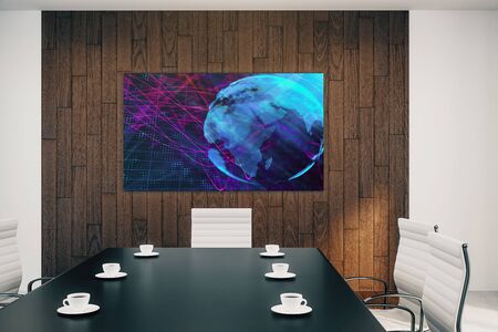 Conference room interior with world map on screen monitor on the wall. International market concept. 3d rendering.の写真素材
