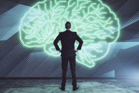 Man and brain icon hologram. Double exposure. Concept of data developmentの写真素材