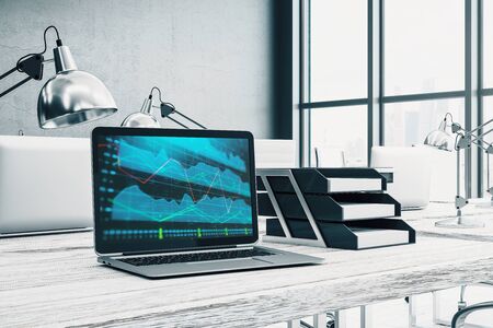 Cabinet desktop interior with financial charts and graphs on computer screen. Concept of stock market analysis and trading. 3d rendering.の写真素材
