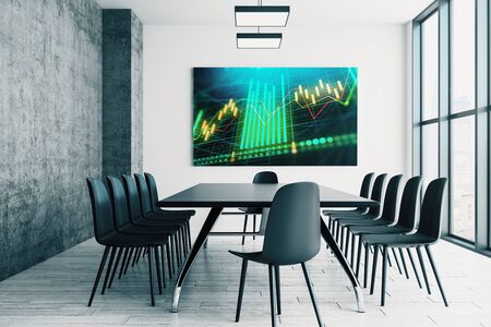 Conference room interior with financial chart on screen monitor on the wall. Stock market analysis concept. 3d rendering.の写真素材