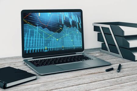 Laptop closeup with forex graph on computer screen. Financial trading and education concept. 3d rendering.の写真素材