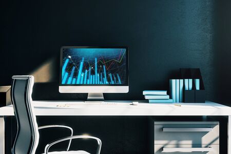 Cabinet desktop interior with financial charts and graphs on computer screen. Concept of stock market analysis and trading. 3d rendering.の写真素材