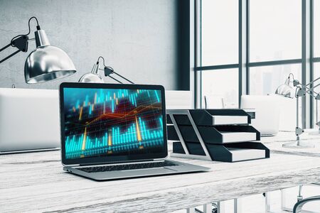 Cabinet desktop interior with financial charts and graphs on computer screen. Concept of stock market analysis and trading. 3d rendering.の写真素材