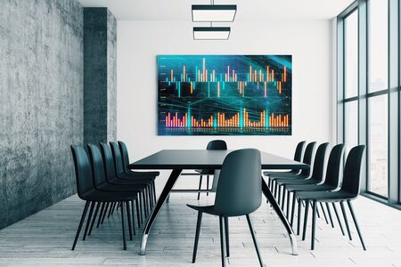 Conference room interior with financial chart on screen monitor on the wall. Stock market analysis concept. 3d rendering.の写真素材