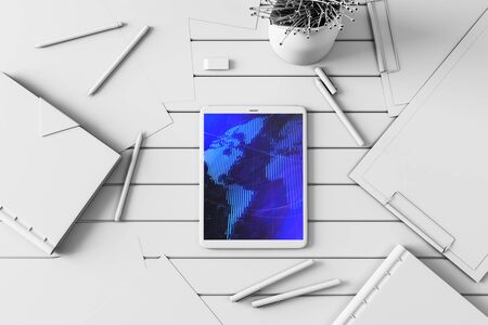 Digital tablet closeup top view with world map on screen. Online international trading concept. 3d rendering.の写真素材