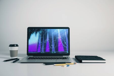 Laptop closeup with forex graph on computer screen. Financial trading and education concept. 3d rendering.の写真素材