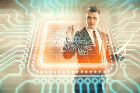 Man and brain icon hologram. Double exposure. Concept of data developmentの写真素材