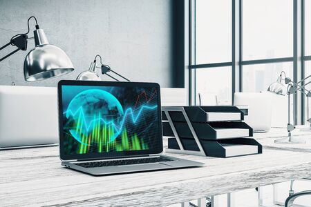 Cabinet desktop interior with financial charts and world map on computer screen. Concept of international market analysis and trading. 3d rendering.の写真素材