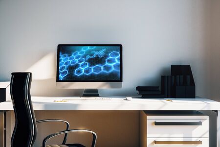 Cabinet desktop interior with technology theme drawing on computer screen. Concept of hightech. 3d rendering.の写真素材