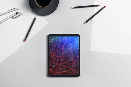 Digital tablet closeup top view with tech pic on screen. Online technology concept. 3d rendering.の写真素材