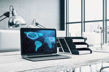 Cabinet desktop interior with world map on computer screen. Concept of international market and trading. 3d rendering.の写真素材