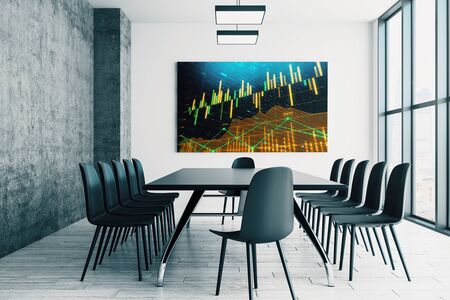 Conference room interior with financial chart on screen monitor on the wall. Stock market analysis concept. 3d rendering.の写真素材