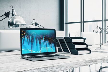 Cabinet desktop interior with financial charts and graphs on computer screen. Concept of stock market analysis and trading. 3d rendering.の写真素材