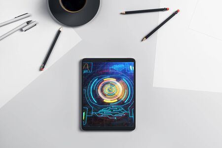 Digital tablet closeup top view with tech pic on screen. Online technology concept. 3d rendering.の写真素材