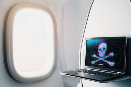 Laptop closeup inside airplane with hacking theme pic on screen. Data safety concept. 3d rendering.の写真素材