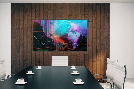 Conference room interior with financial chart and world map on screen monitor on the wall. Stock market analysis concept. 3d rendering.の写真素材